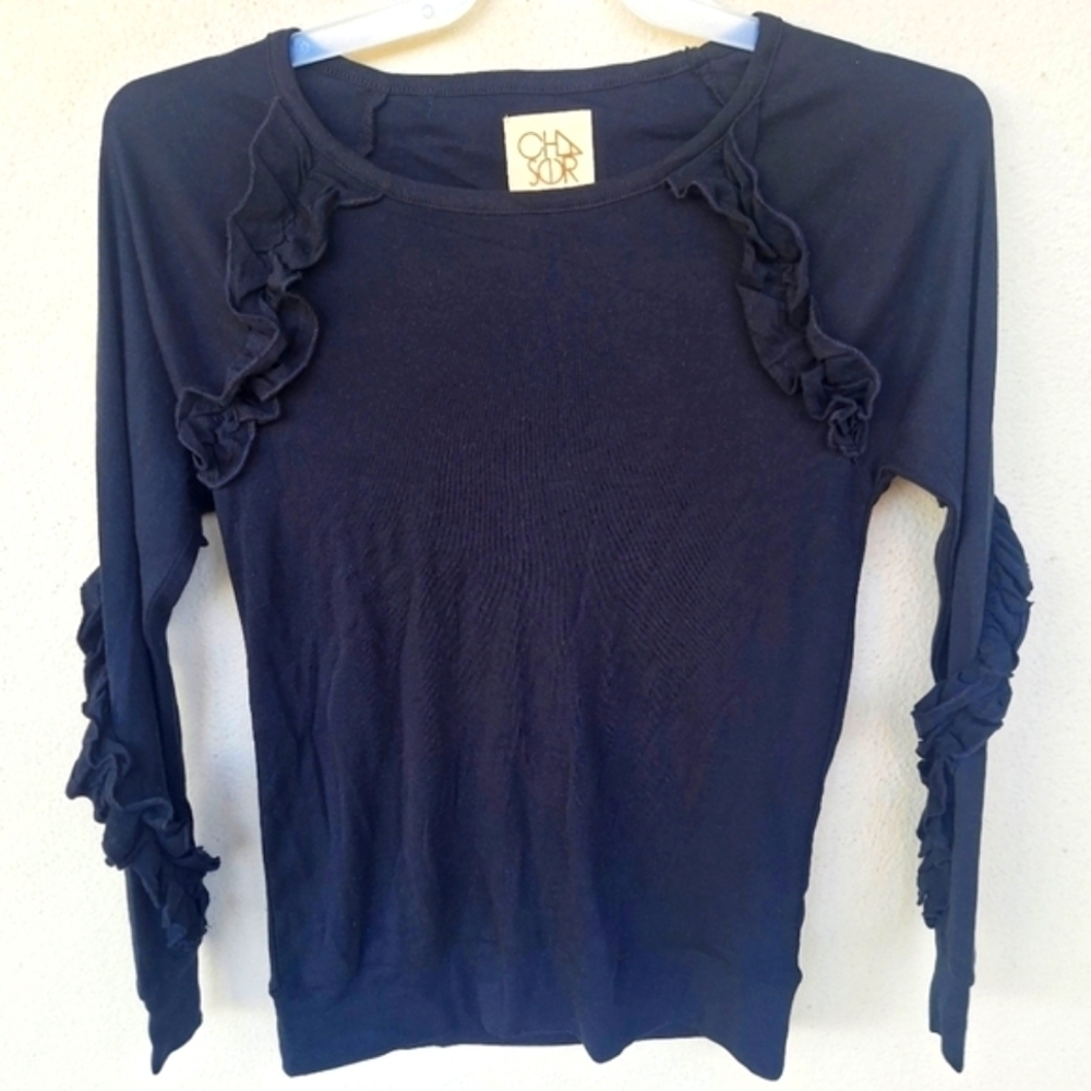 CHASER Basic Black Long Sleeve Ruffle Shirt Size M NWT
